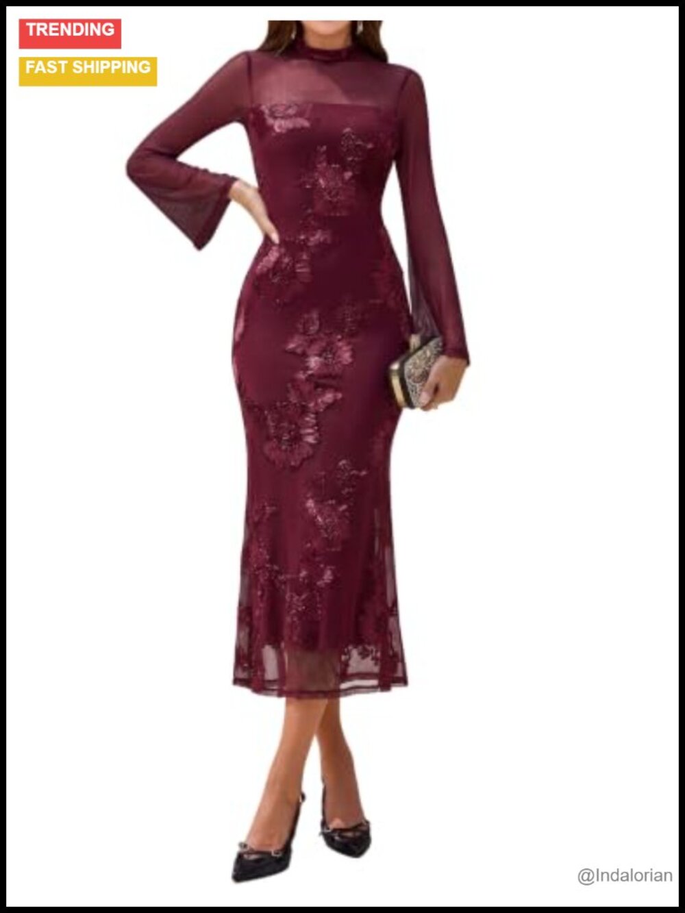 Floral Mesh Long Sleeve Maxi Bodycon Wedding Guest Cocktail Dress